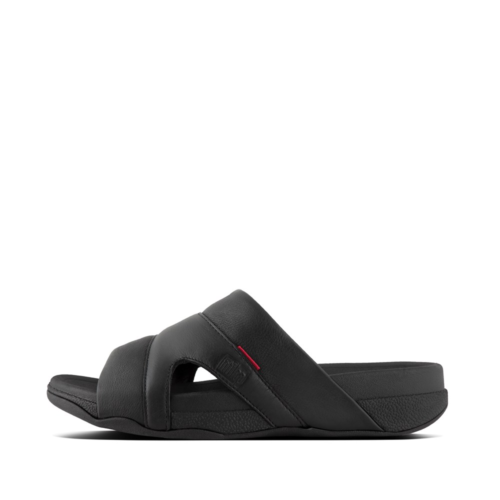 Fitflop Mens Slides Black - Freeway Leather Pool - 27AYVUXPJ